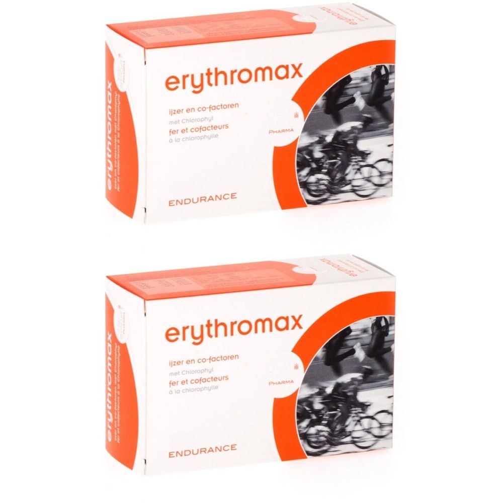 Deux boîtes blanches avec des accents orange. Inscription "erythromax". Texte multilingue. Illustration d'un cycliste.