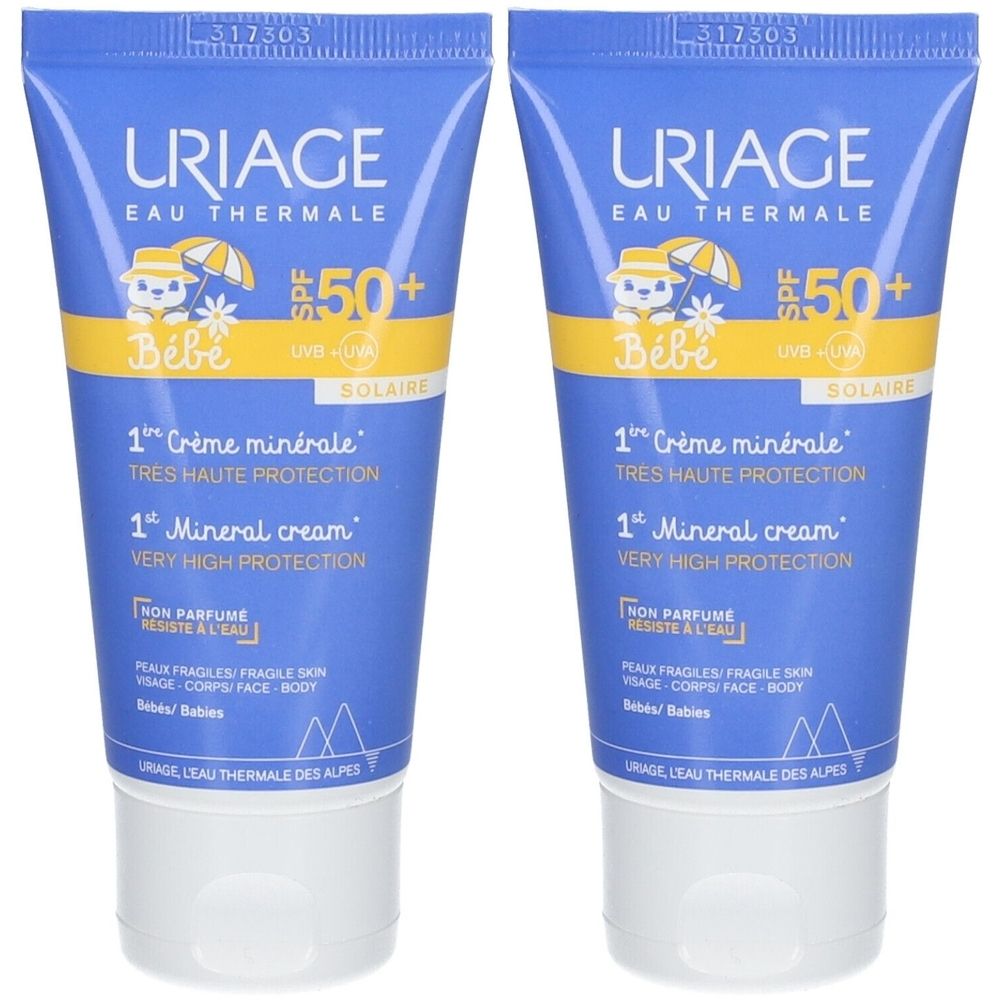 Zwei blaue Tuben Uriage Bébé Sonnencreme SPF50+. Text: 1ère Crème minérale, Très haute protection, 1st Mineral cream.