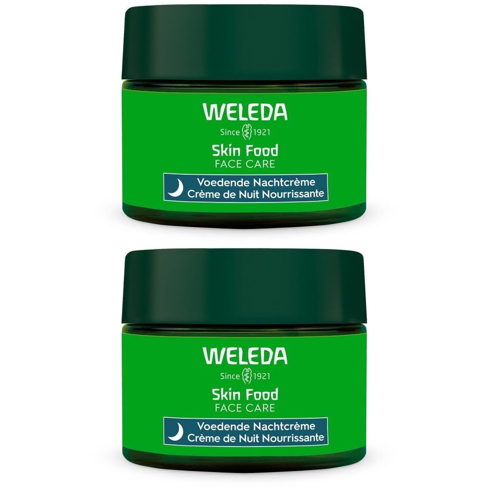 Deux pots verts avec couvercles foncés. Inscription: WELEDA Skin Food FACE CARE, Voedende Nachtcrème, Crème de Nuit Nourrissante. Symbole de lune.