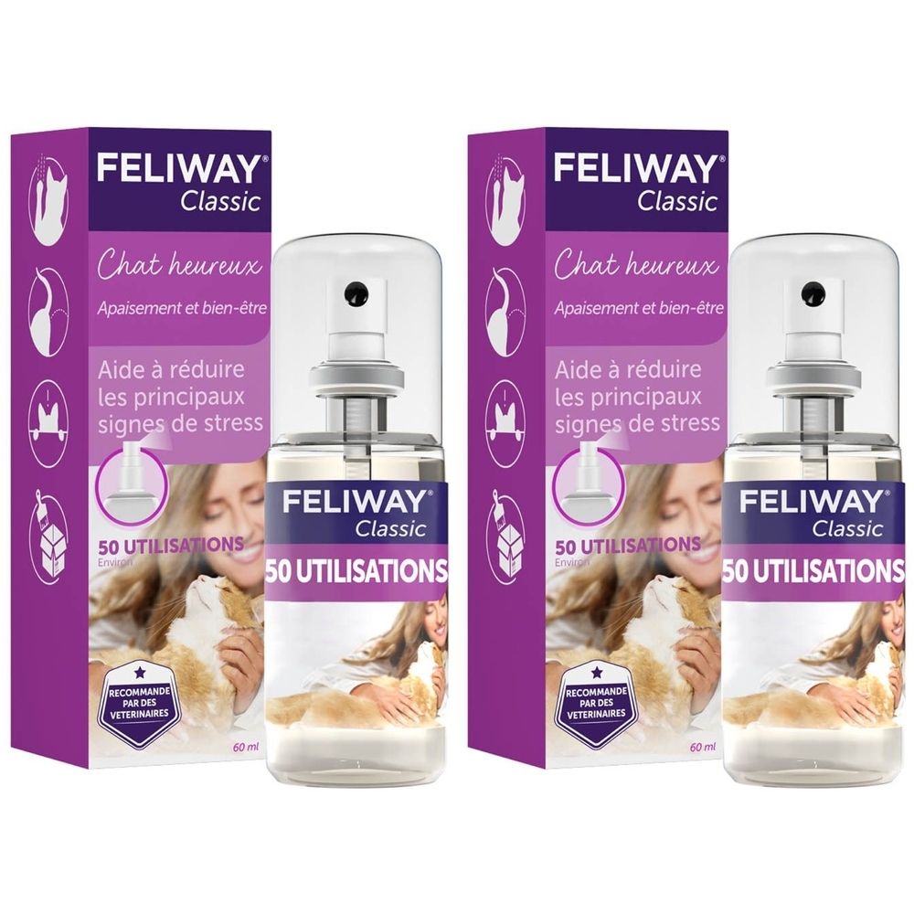 Deux flacons de Feliway Classic Spray avec emballage. Inscription "Chat heureux". Contient 50 utilisations. Recommandé par les vétérinaires.