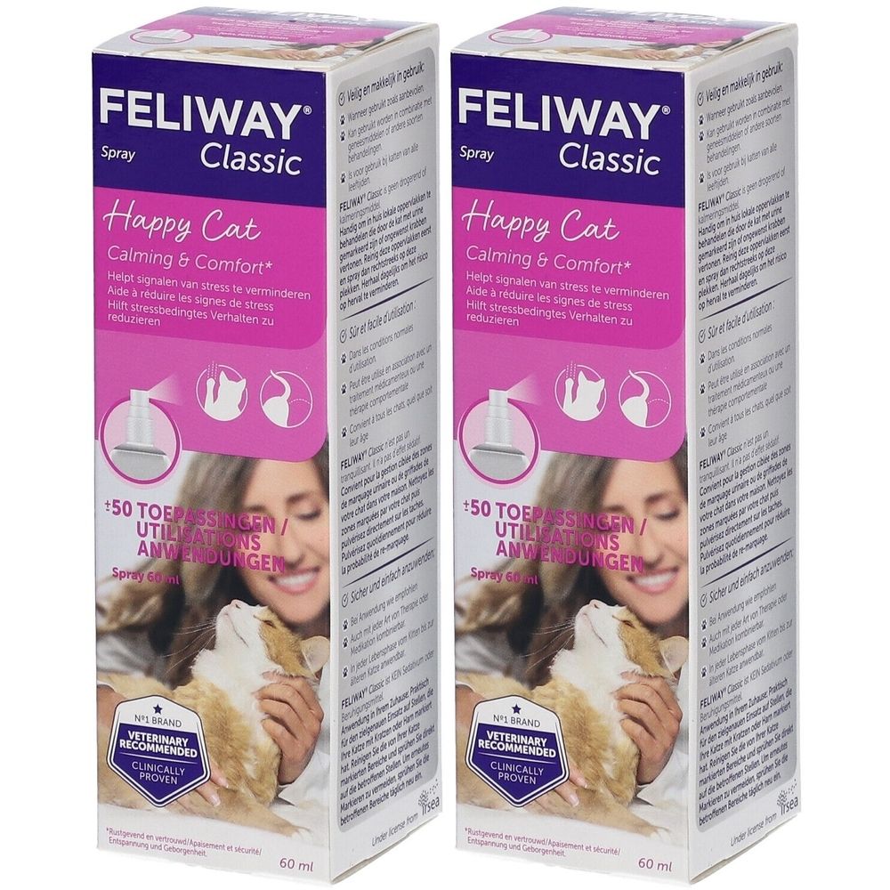 Zwei Packungen Feliway Classic Spray. Aufschrift "Happy Cat" und "Calming & Comfort". Enthält 50 Anwendungen. Veterinär empfohlen.