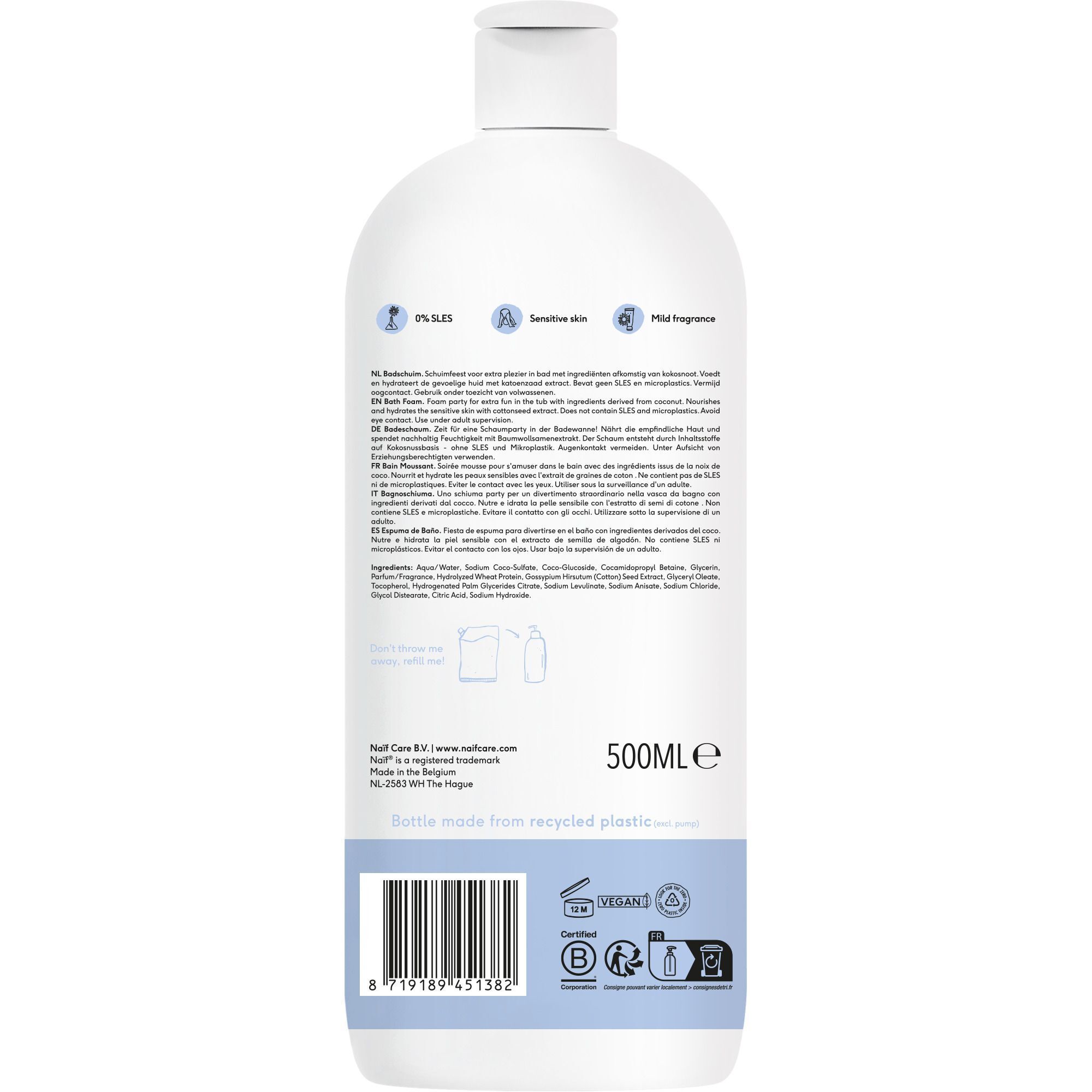 Weiße 500ml Flasche mit Etikett, das Inhaltsstoffe und Zertifizierungen auflistet.