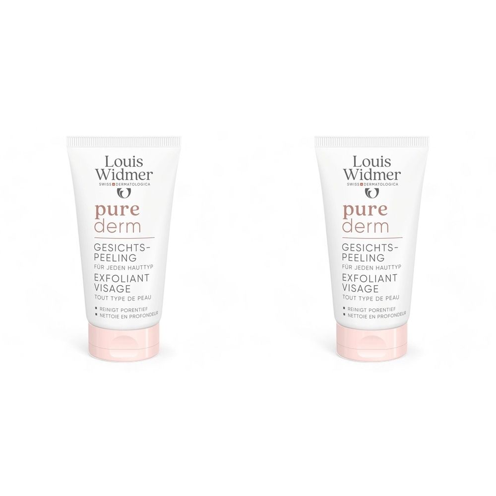 Deux tubes de gommage visage Louis Widmer Purederm. Blanc, bouchon rose. Inscription : pure derm, Exfoliant Visage.