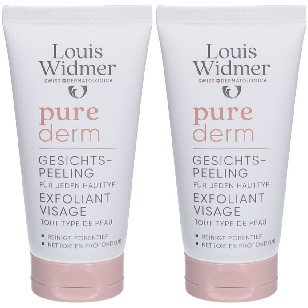Deux tubes de gommage visage Louis Widmer Purederm. Blanc, avec bouchon rose. Inscription : pure derm, Exfoliant Visage.