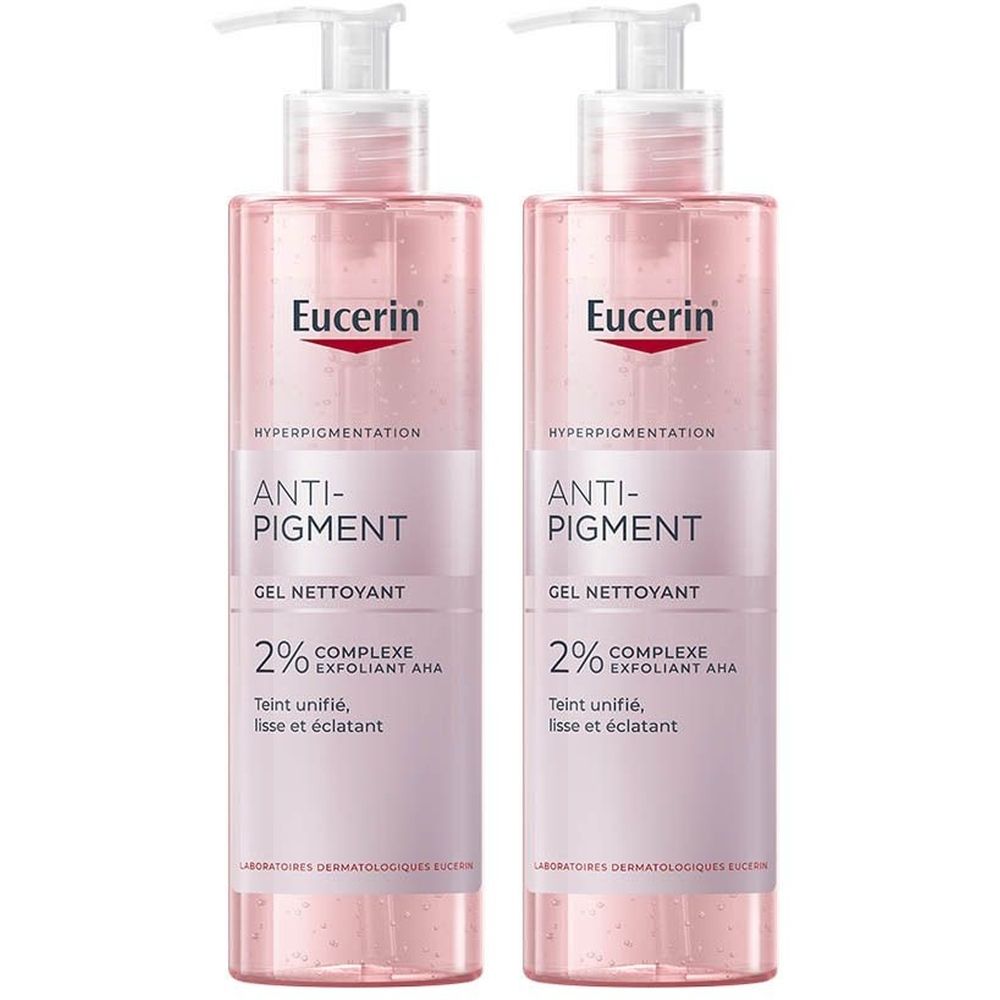 Deux flacons de gel nettoyant Eucerin Anti-Pigment. Liquide rose dans des flacons transparents avec pompe. Inscription : Anti-Pigment, 2% AHA.