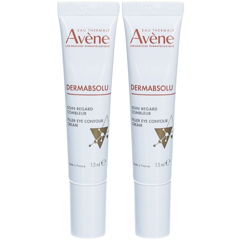 Zwei Tuben Avène Dermabsolu Augencreme. Weiß, mit Schriftzug und Logo. 15ml. Made in France.
