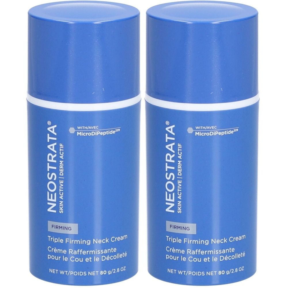 Zwei blaue Cremetuben mit weißem Deckel. Aufschrift: NeoStrata, Triple Firming Neck Cream. Mit MicroDiPeptide.