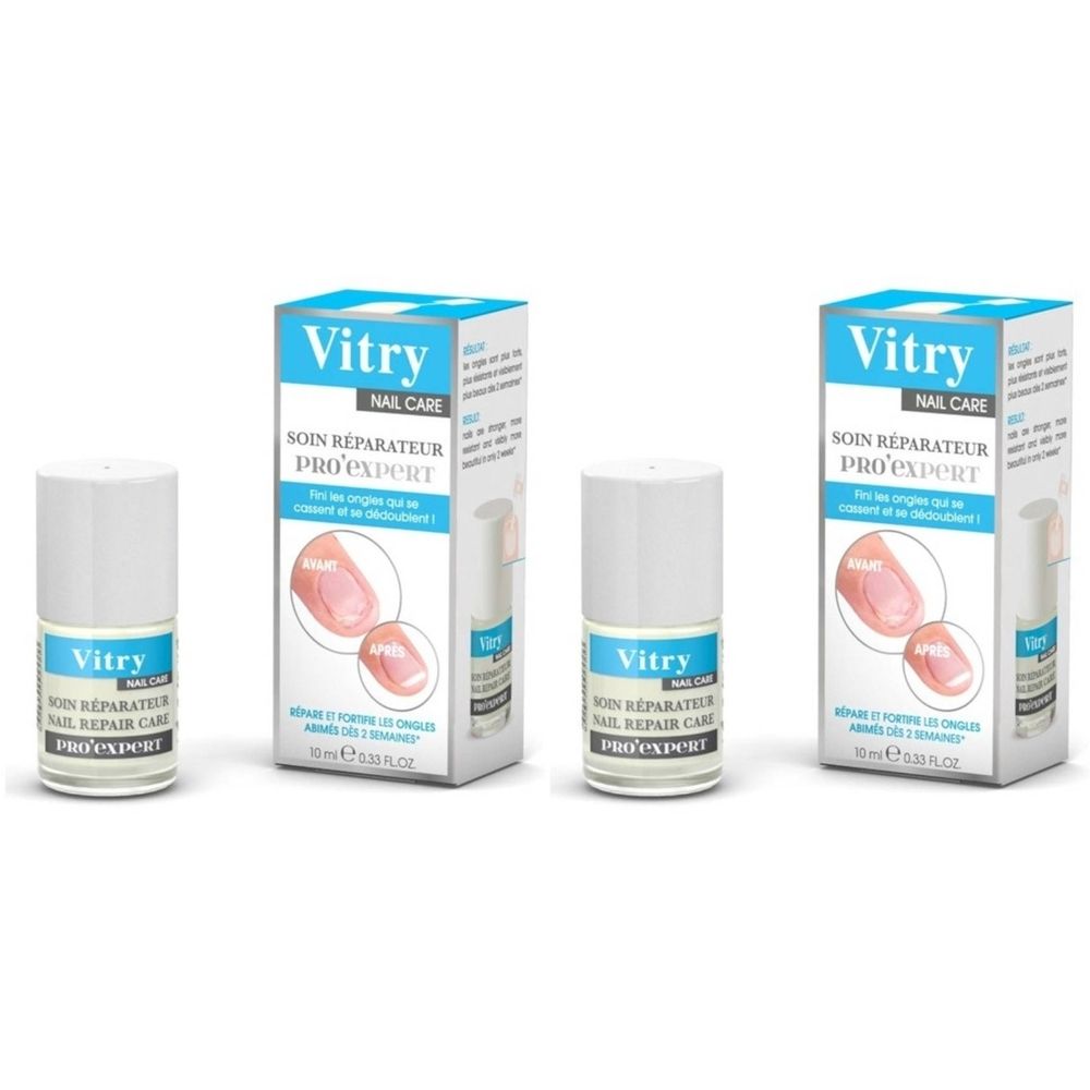 Mehrere Flaschen und Verpackungen von Vitry Nail Care Pro'Expert. Weiße Flaschen mit blauen Etiketten und Kartons.