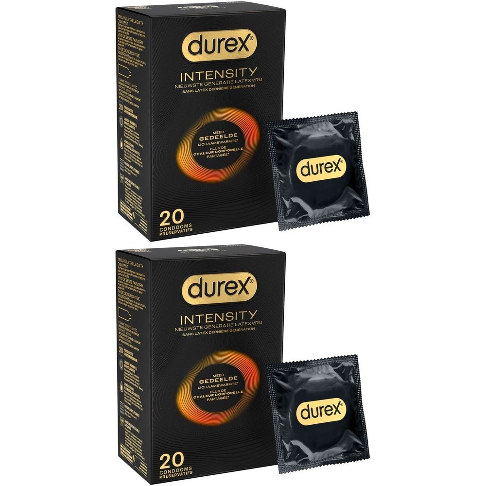 Deux boîtes noires Durex Intensity et 20 préservatifs. Préservatifs individuels en sachets noirs.
