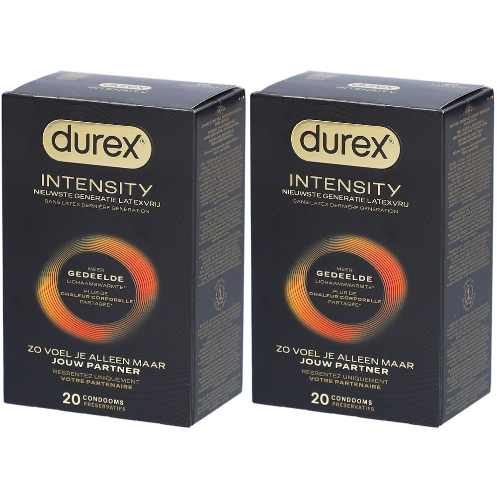 Deux boîtes noires Durex Intensity. Texte: 20 préservatifs. Cercle orange. Logo Durex.