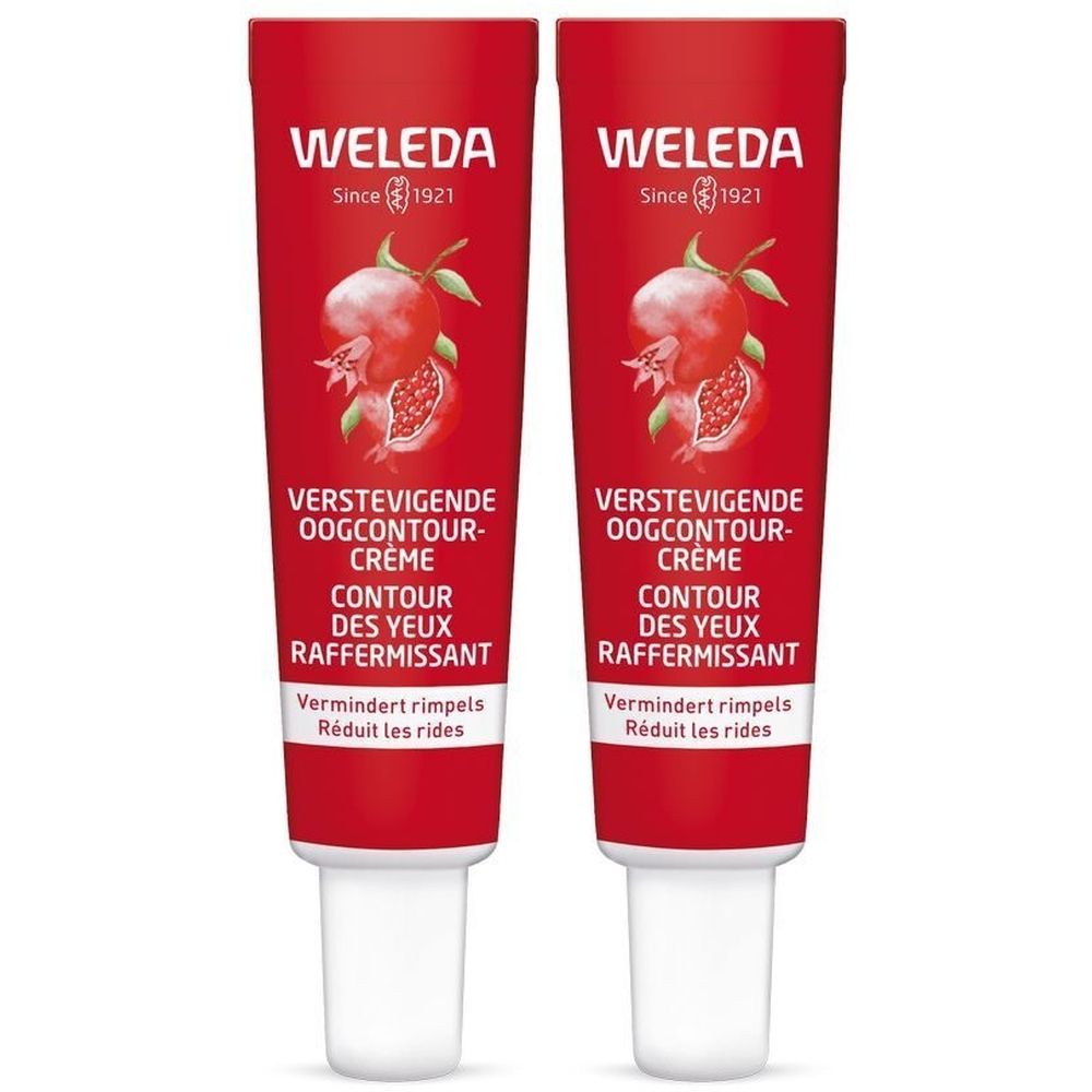 Deux tubes de crème pour les yeux. Tubes rouges avec texte blanc et illustration de grenade. Texte: Weleda, Verstevigende Oogcontour-Crème, Contur des yeux raffermissant.