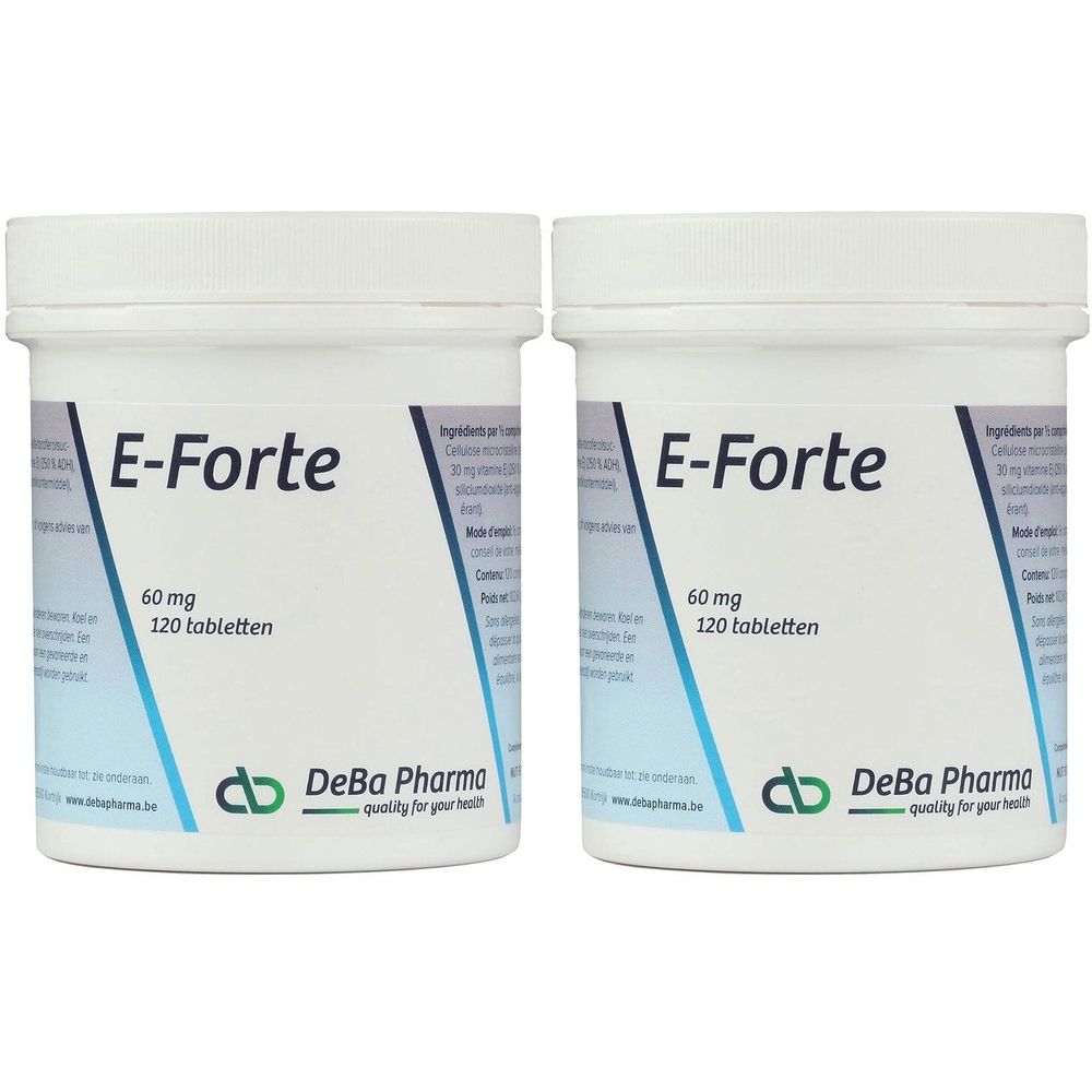 Zwei weiße Tablettenbehälter mit Deckel. Aufschrift "E-Forte 60 mg 120 tabletten". Logo und Schriftzug "DeBa Pharma".