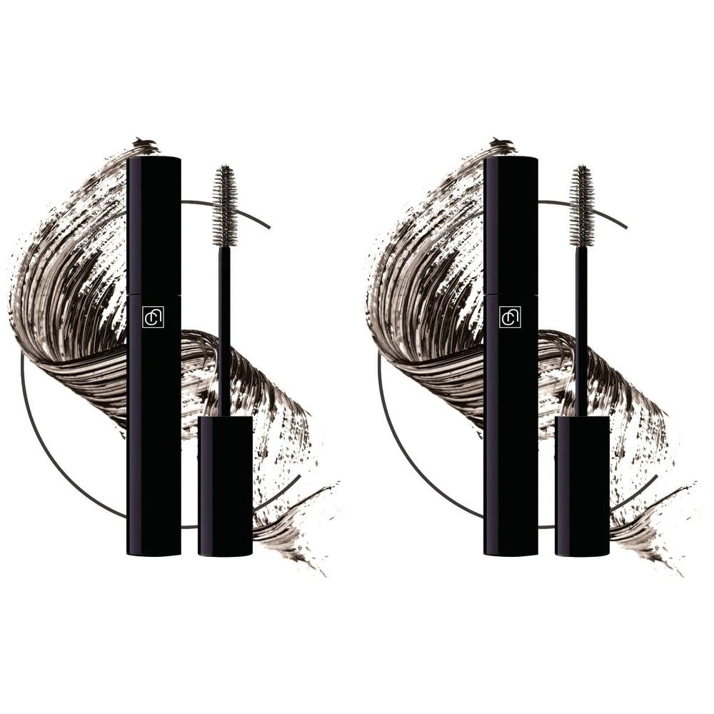 Schwarze Mascara-Tube mit Bürste. Produkt mit braunen Farbtupfern. Schwarzer Behälter mit weißem Logo.