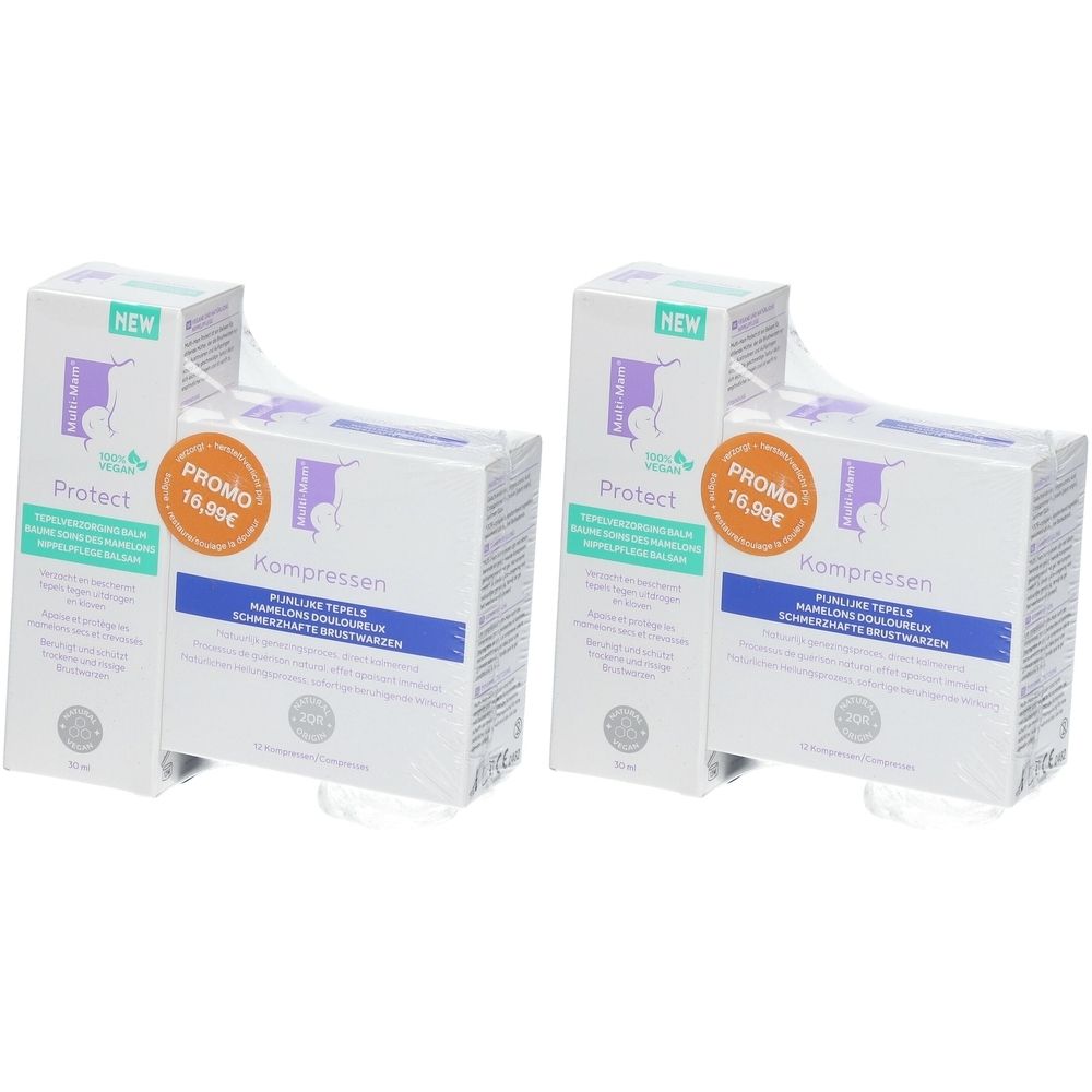 Deux boîtes de compresses emballées sous film. Inscriptions : Protect, Kompressen, Promo 16,99€, logo. Inscriptions en allemand, français et néerlandais.