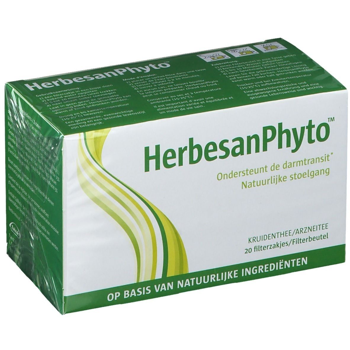 Boîte HerbesanPhyto. Texte: Soutient le transit intestinal, selles naturelles. 20 sachets filtre. À base d'ingrédients naturels.