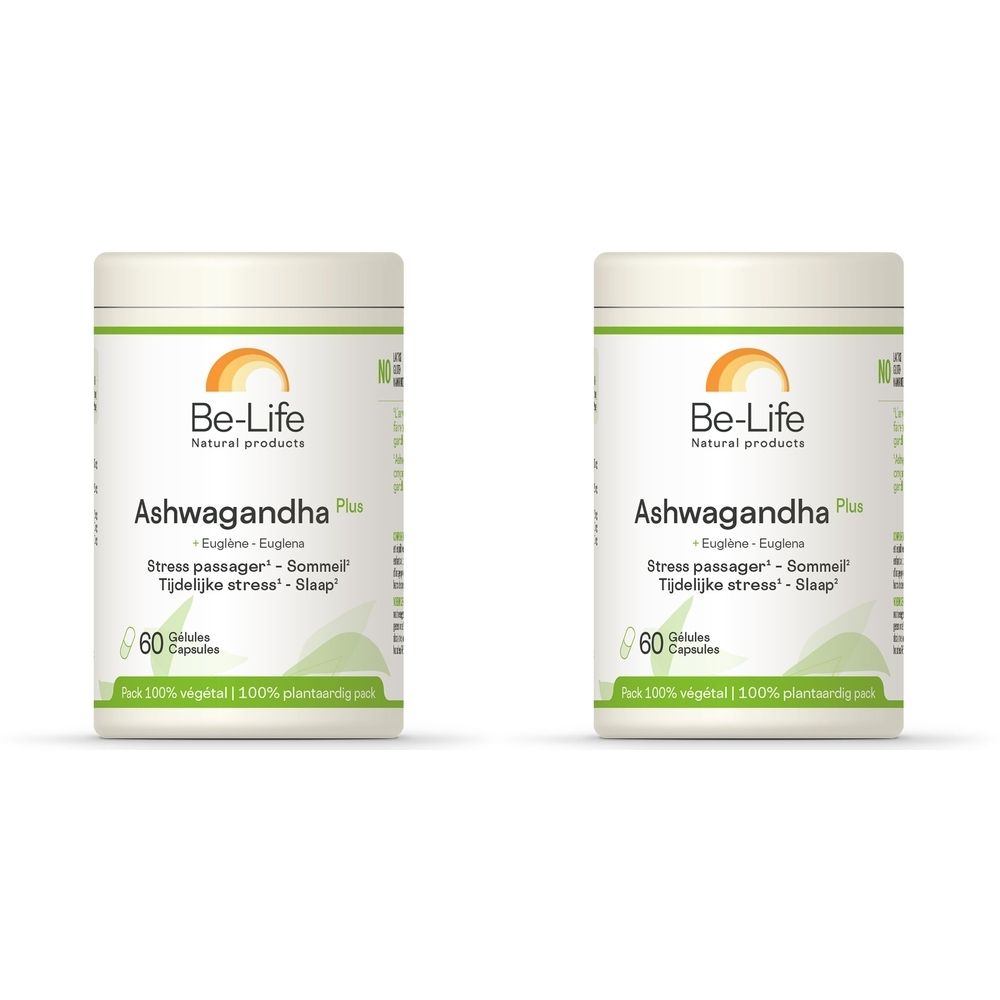 Zwei weiße Behälter mit dem Produktnamen Ashwagandha Plus. Aufschrift: Be-Life, 60 Kapseln. Grün-orangefarbenes Design.