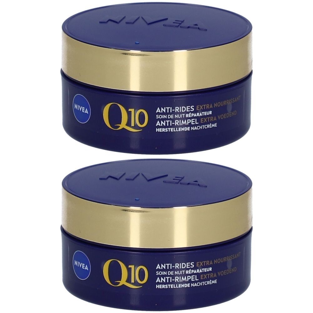 Deux pots bleus avec couvercles dorés. Inscription: NIVEA Q10 Anti-rides. Texte en allemand, français et néerlandais.