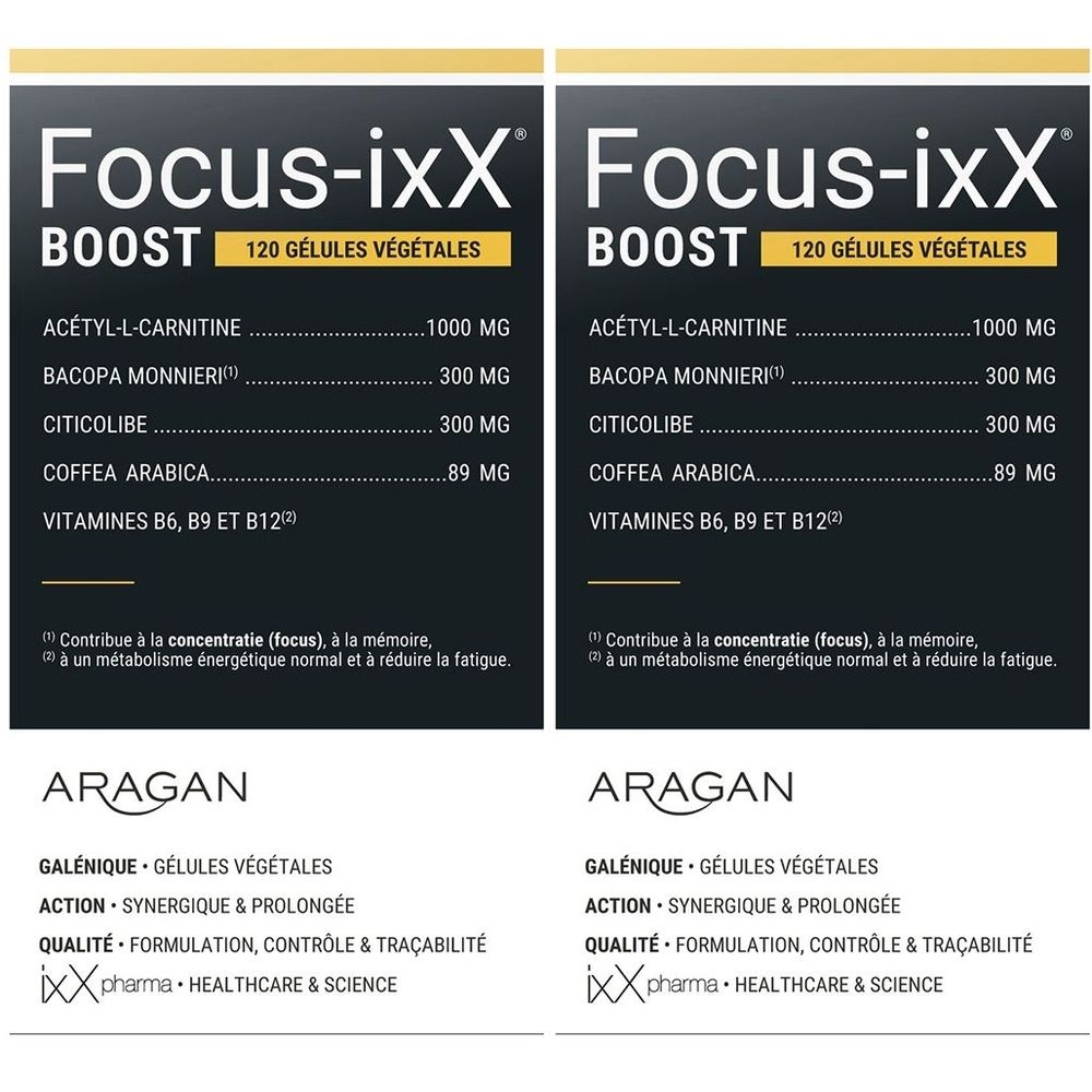 Deux emballages rectangulaires avec texte blanc sur fond noir. Inscription: Focus-ixX Boost. Ingrédients et logo de la marque.