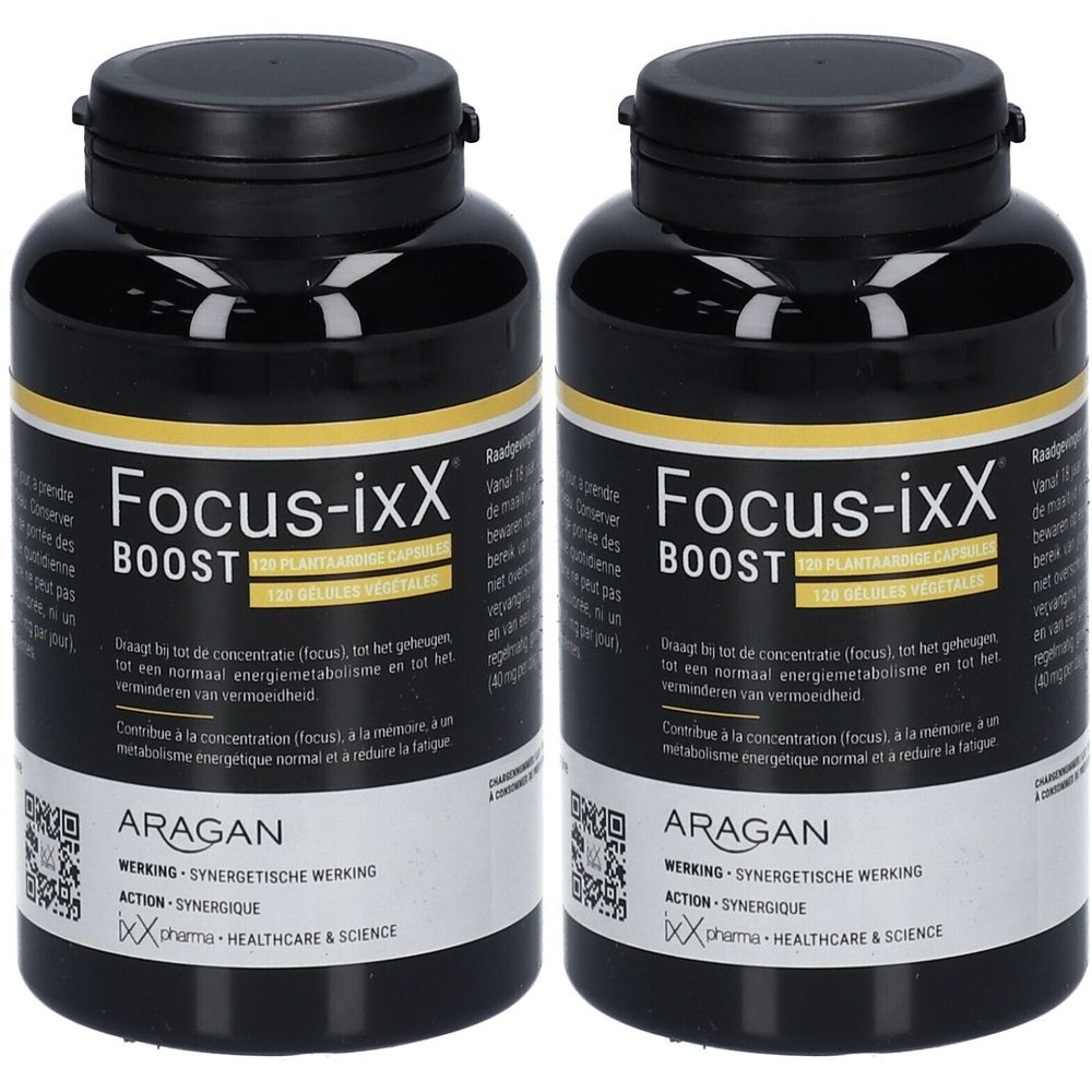 Deux flacons noirs avec étiquette jaune. Inscription: Focus-ixX Boost. Code QR et logo de la marque.