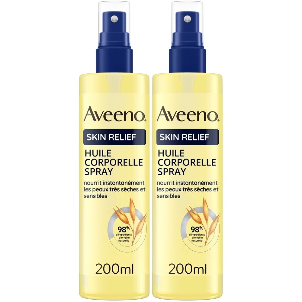Deux flacons de spray corporel Aveeno Skin Relief. Liquide jaune dans des flacons transparents avec un pulvérisateur bleu. Texte: Skin Relief, Huile Corporelle Spray.