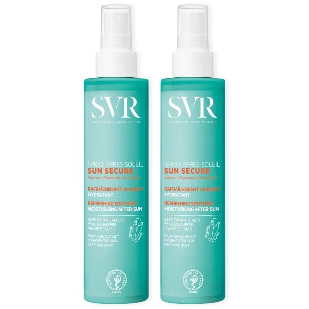Deux sprays SVR Sun Secure Après-soleil. Flacons turquoise avec vaporisateur blanc. Inscription : Spray Après-Soleil, Sun Secure.