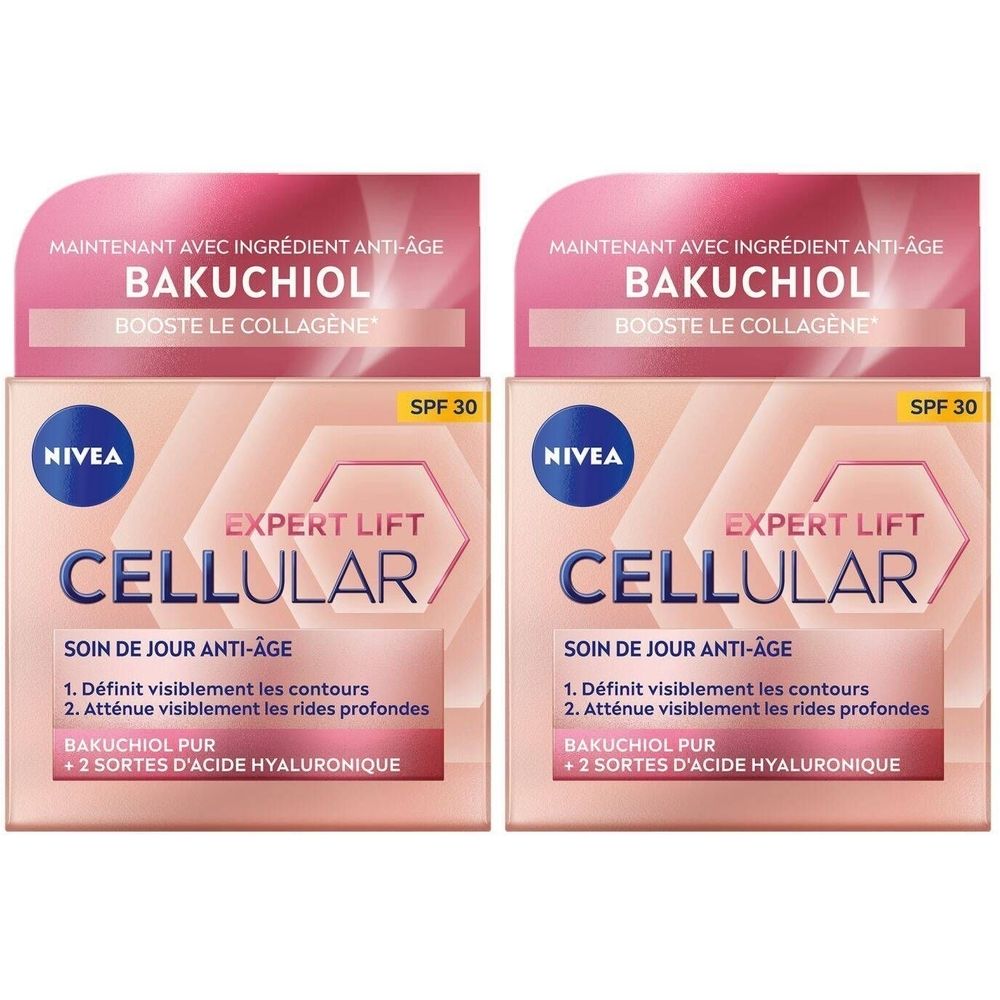 Zwei NIVEA Cellular Expert Lift Tagespflege-Verpackungen. Rosa-weißes Design mit Produktinformationen und SPF 30.