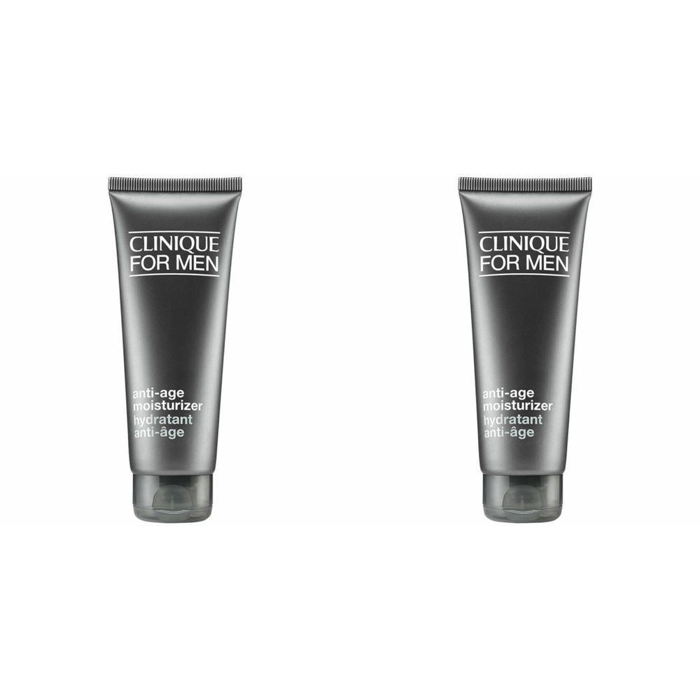Deux tubes gris avec l'inscription "CLINIQUE FOR MEN". En dessous, "anti-age moisturizer hydratant anti-âge" est écrit.