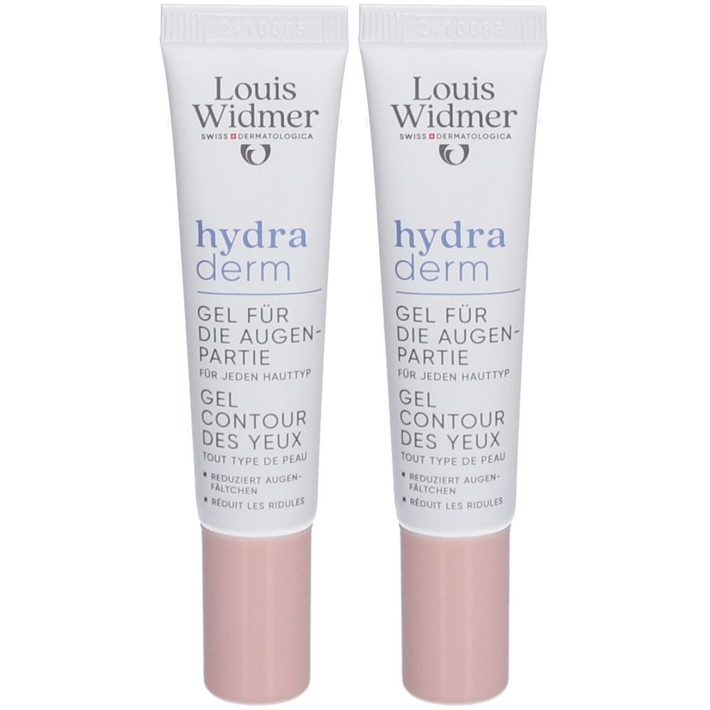 Zwei Tuben Louis Widmer Hydraderm Gel. Weiße Tuben mit rosa Verschlusskappe. Aufschrift: hydra derm, Gel für Augenpartie.