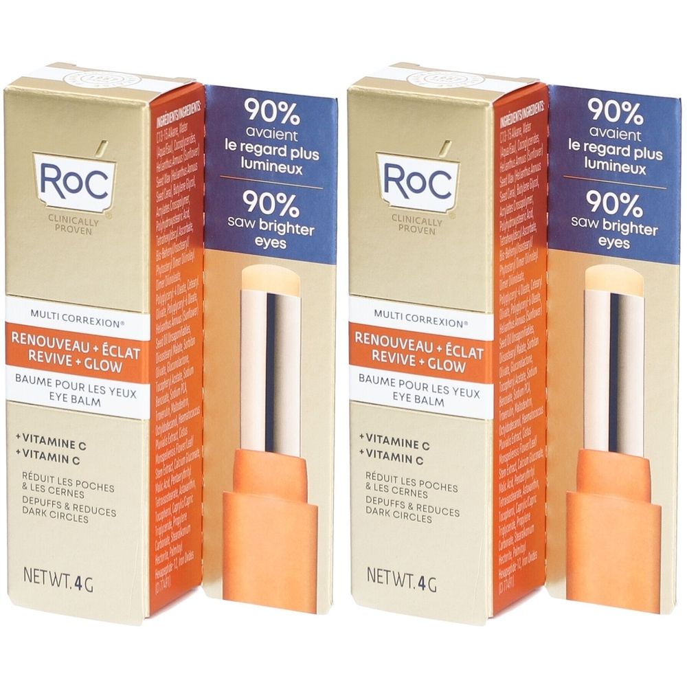 Zwei Packungen Augenpflege-Stick mit Produkt- und Markenbezeichnung. Orangefarbene Verpackung mit Produktabbildung.