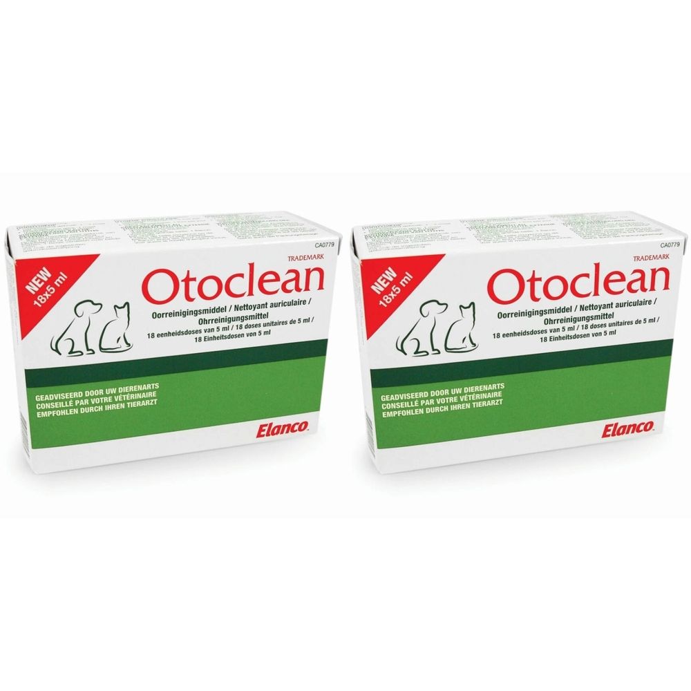 Deux boîtes Otoclean. Blanc avec des accents verts et rouges. Inscription Otoclean, logo chien et chat, logo Elanco.
