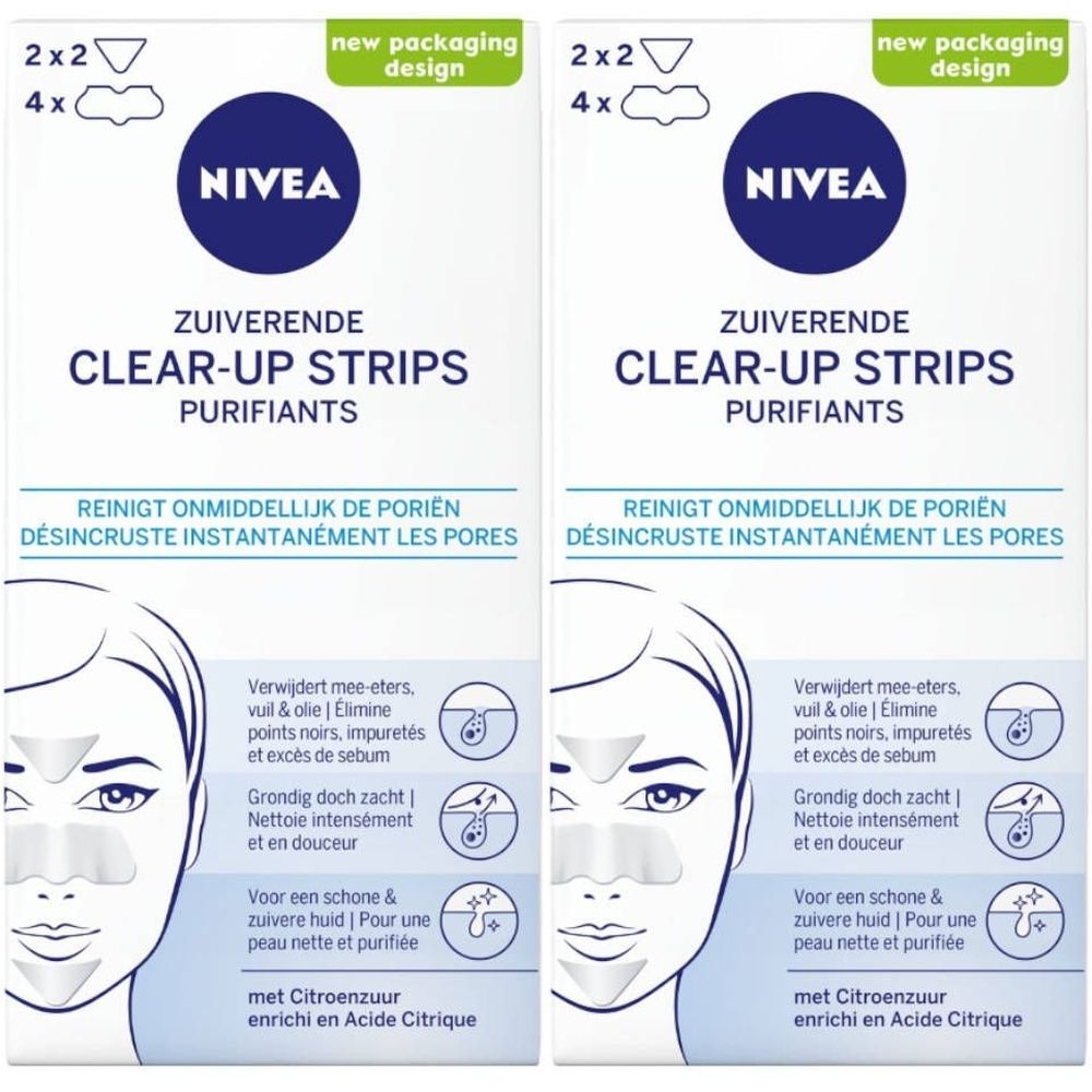 Deux boîtes de NIVEA Clear-Up Strips. Inscription : Nettoie instantanément les pores. Contient 4 bandes. Nouvel emballage.