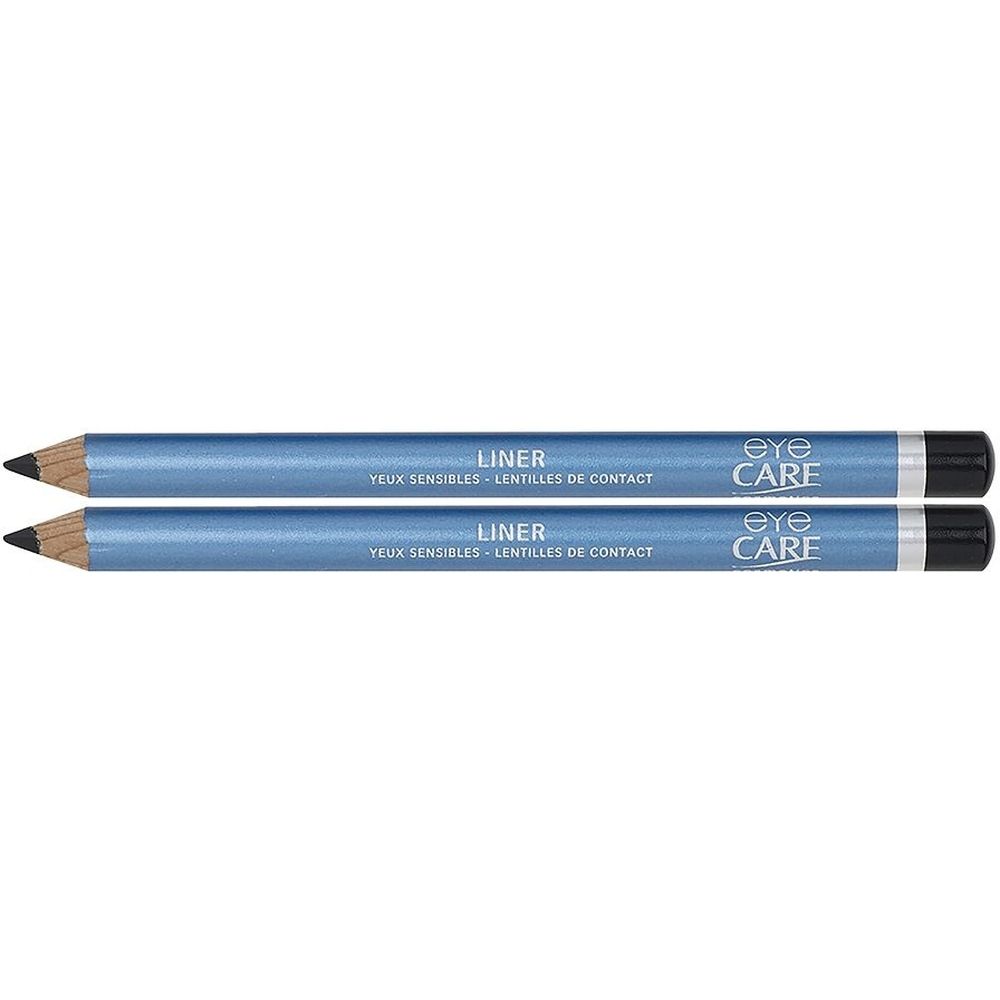 Deux crayons kajal noirs avec des corps bleus. Inscription: LINER, YEUX SENSIBLES - LENTILLES DE CONTACT. Marque: eye CARE.