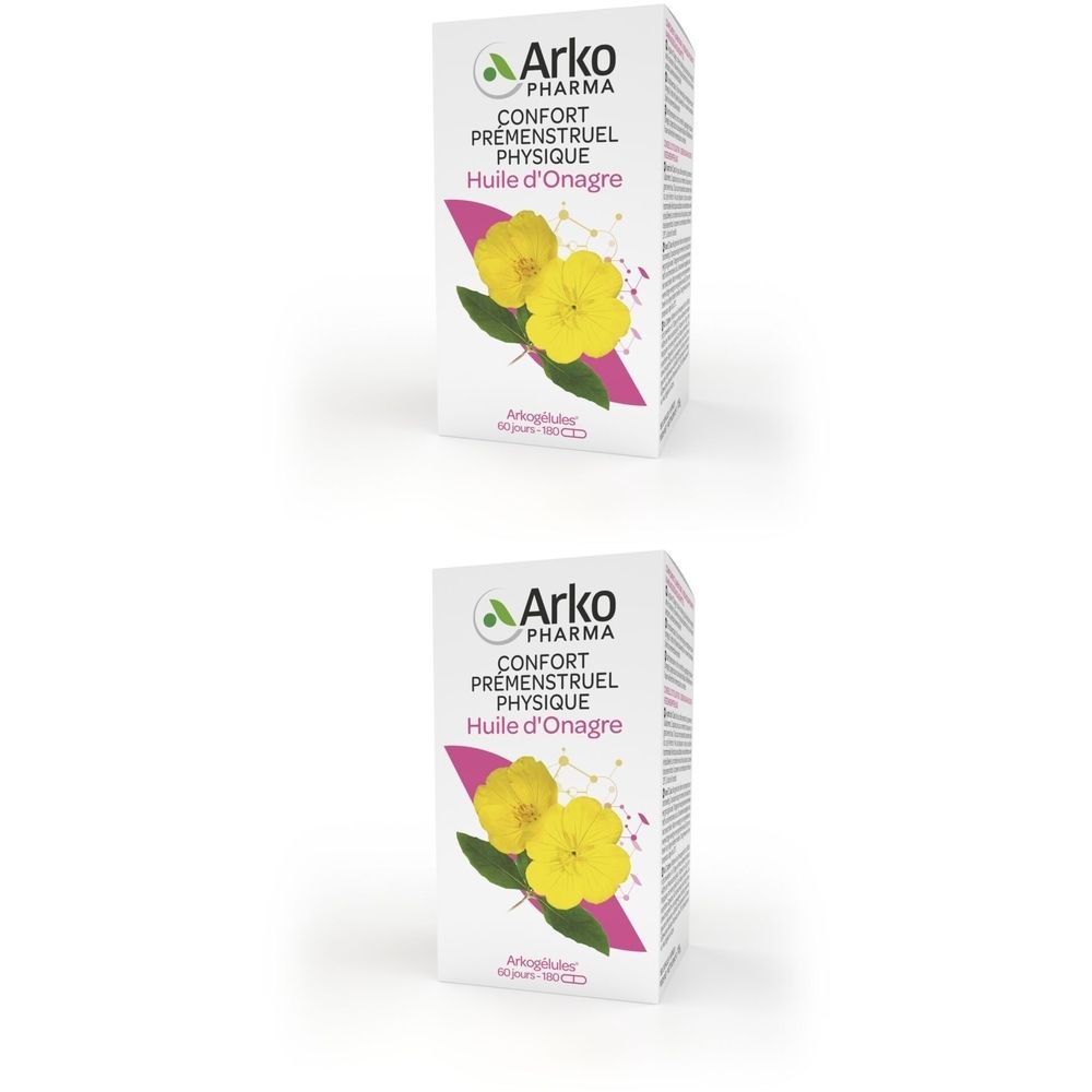 Deux boîtes de gélules. Boîtes blanches avec informations sur le produit et logo Arkopharma.