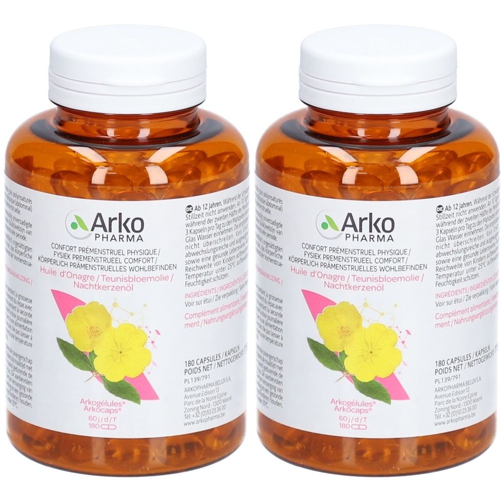 Deux flacons de gélules. Flacons bruns avec bouchons blancs et étiquettes. L'étiquette indique Arkopharma et des informations sur le produit.