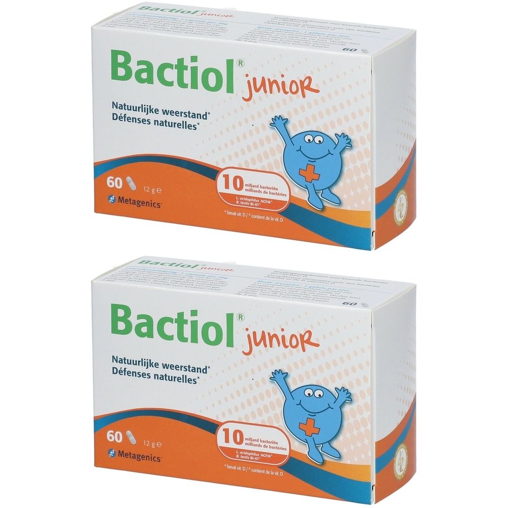 Zwei Kartons mit "Bactiol junior". Aufschrift "Natuurlijke weerstand". 60 Beutel, 12 g. Mit blauem Cartoon-Maskottchen.