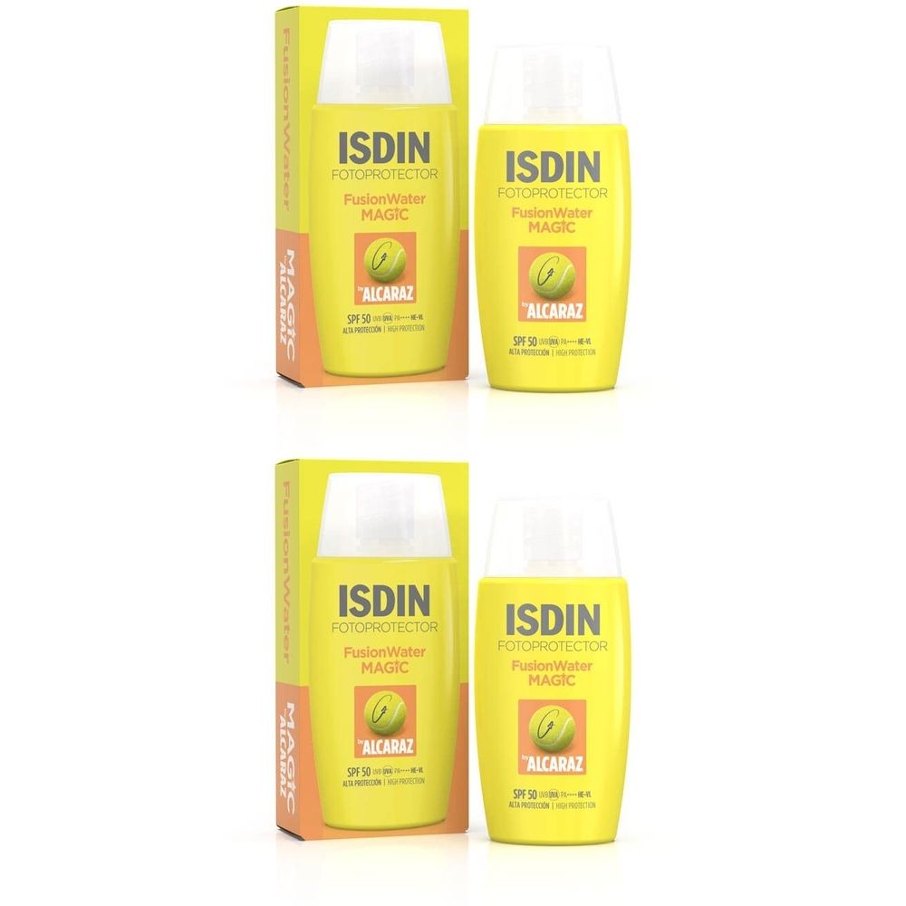 Deux flacons jaunes avec inscription ISDIN, FusionWater MAGIC. Avec boîte. Inscription ALCARAZ.