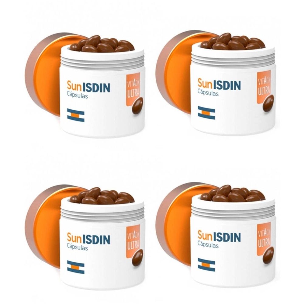 Quatre pots blancs avec capsules brunes. Inscription SunISDIN, Vitamin Ultra. Couvercle orange.