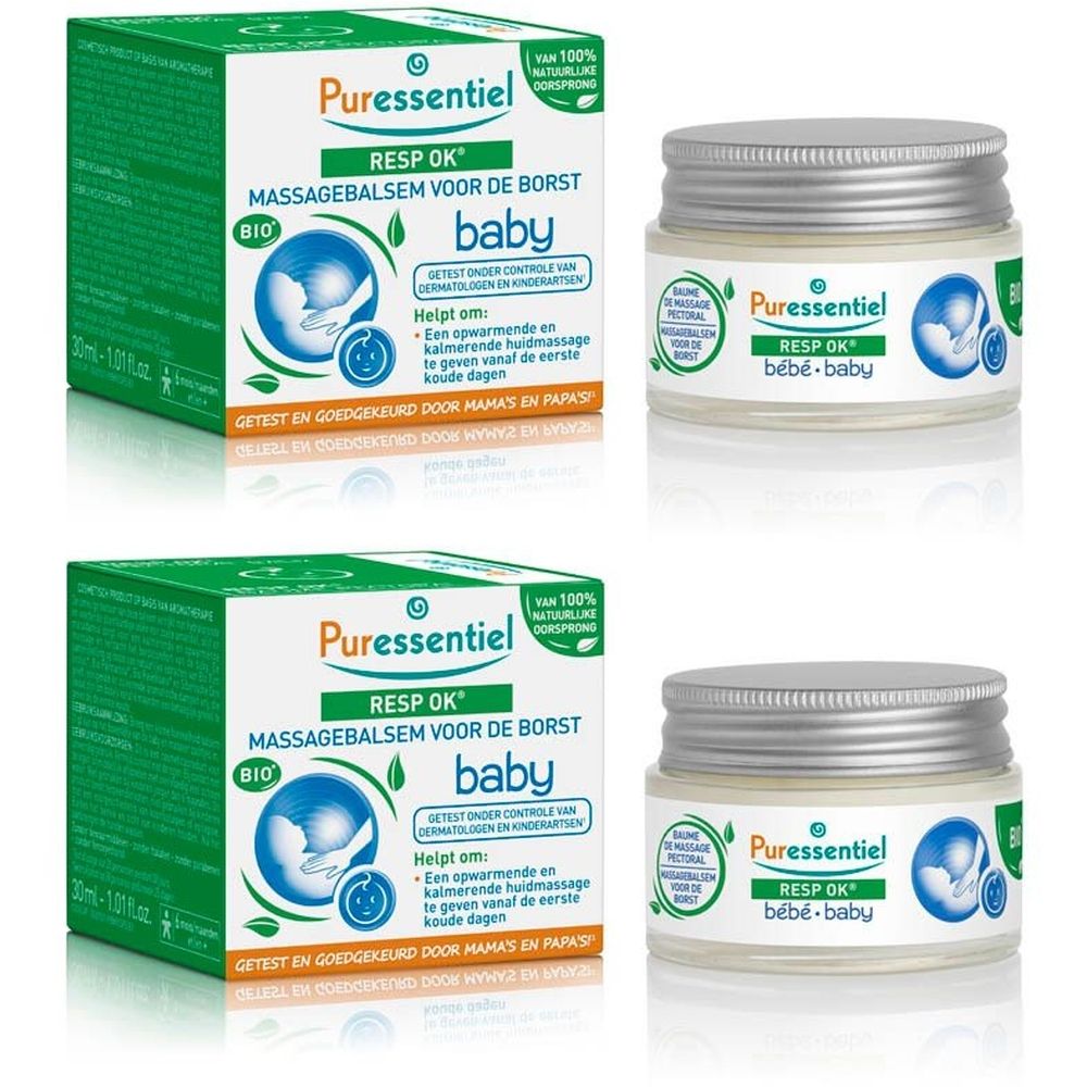 Deux boîtes et deux pots. Sur les boîtes, on lit "Puressentiel RESP OK Massagebalsam voor de borst baby". Sur les pots, "RESP OK bébé-baby".