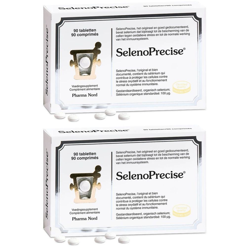 Deux boîtes de Pharma Nord SelenoPrecise Eurotabs. Boîtes blanches avec nom et logo. Comprimés dispersés devant.