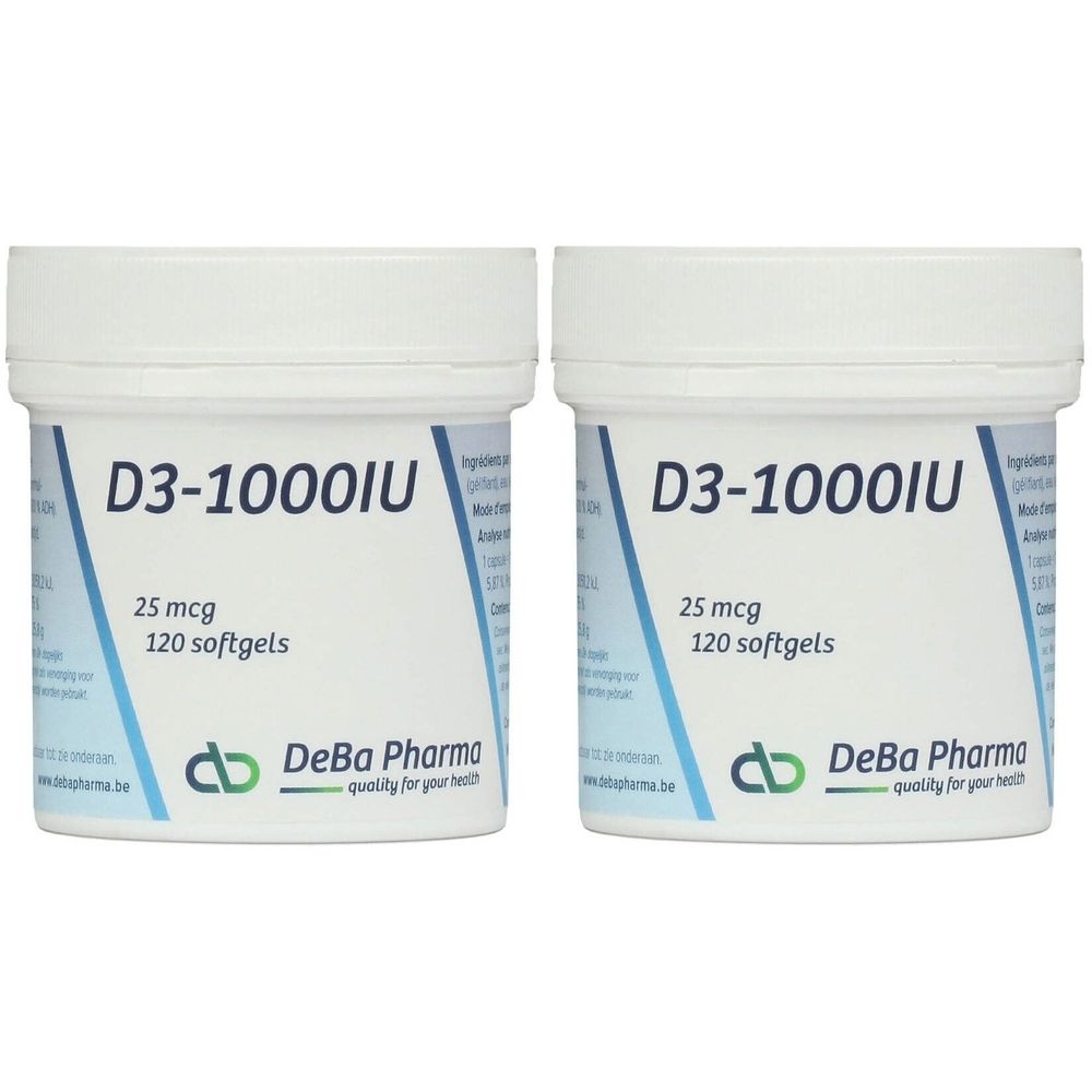 Deux boîtes blanches avec couvercles. Inscription: D3-1000IU, 25 mcg, 120 softgels. Marque: DeBa Pharma. Qualité pour votre santé.