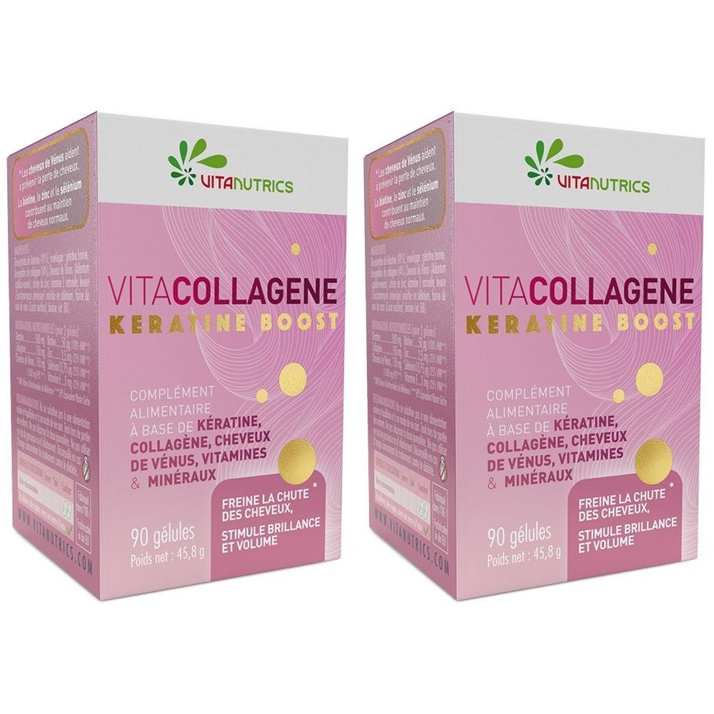 Zwei Packungen Vitacollagene Keratine Boost. Rosa Verpackung mit Produktnamen und Inhaltsangaben. Enthält 90 Kapseln.