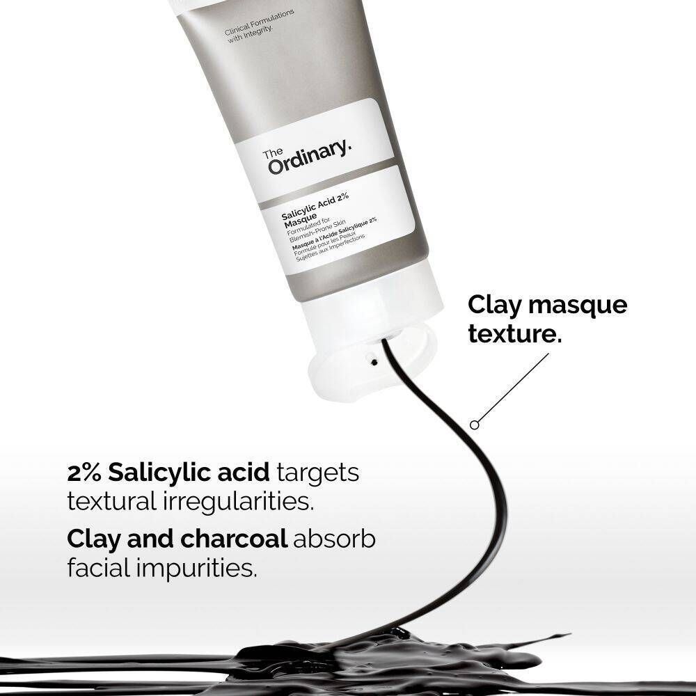 Masque The Ordinary Salicylic Acid 2% avec argile et charbon pour absorber les impuretés.