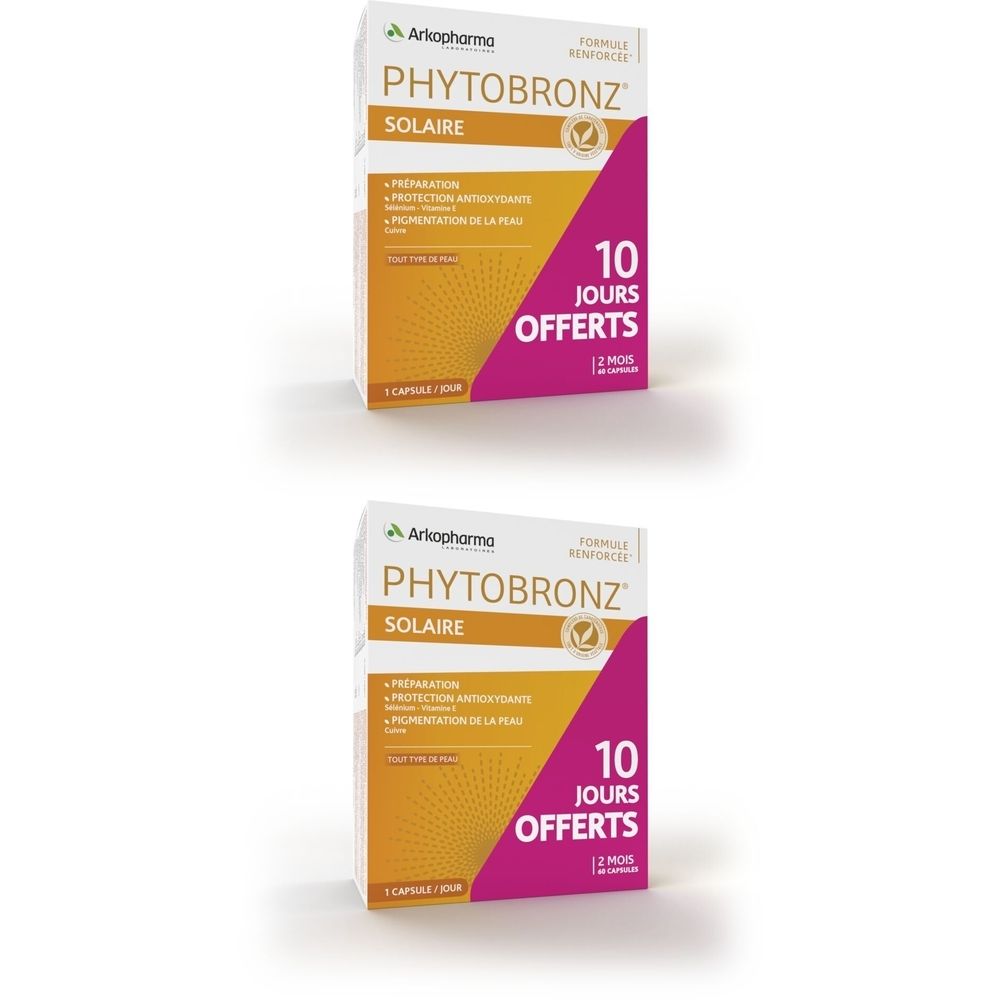 Deux boîtes de Phytobronz Solaire Arkopharma. Emballage blanc avec nom du produit, logo et texte. 10 jours offerts.