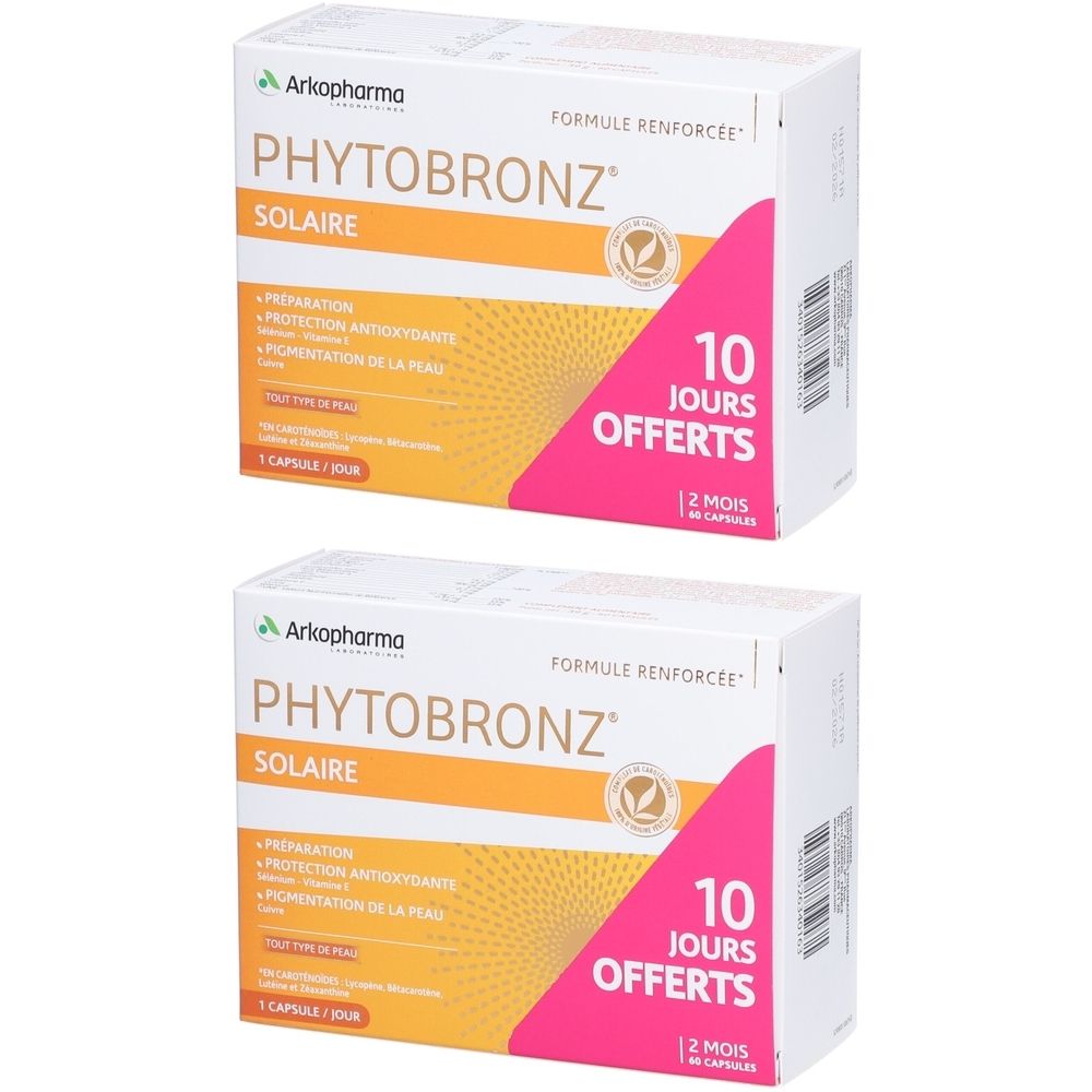 Deux boîtes de Phytobronz Solaire Arkopharma. Emballage blanc avec nom du produit, logo et texte. 10 jours offerts.