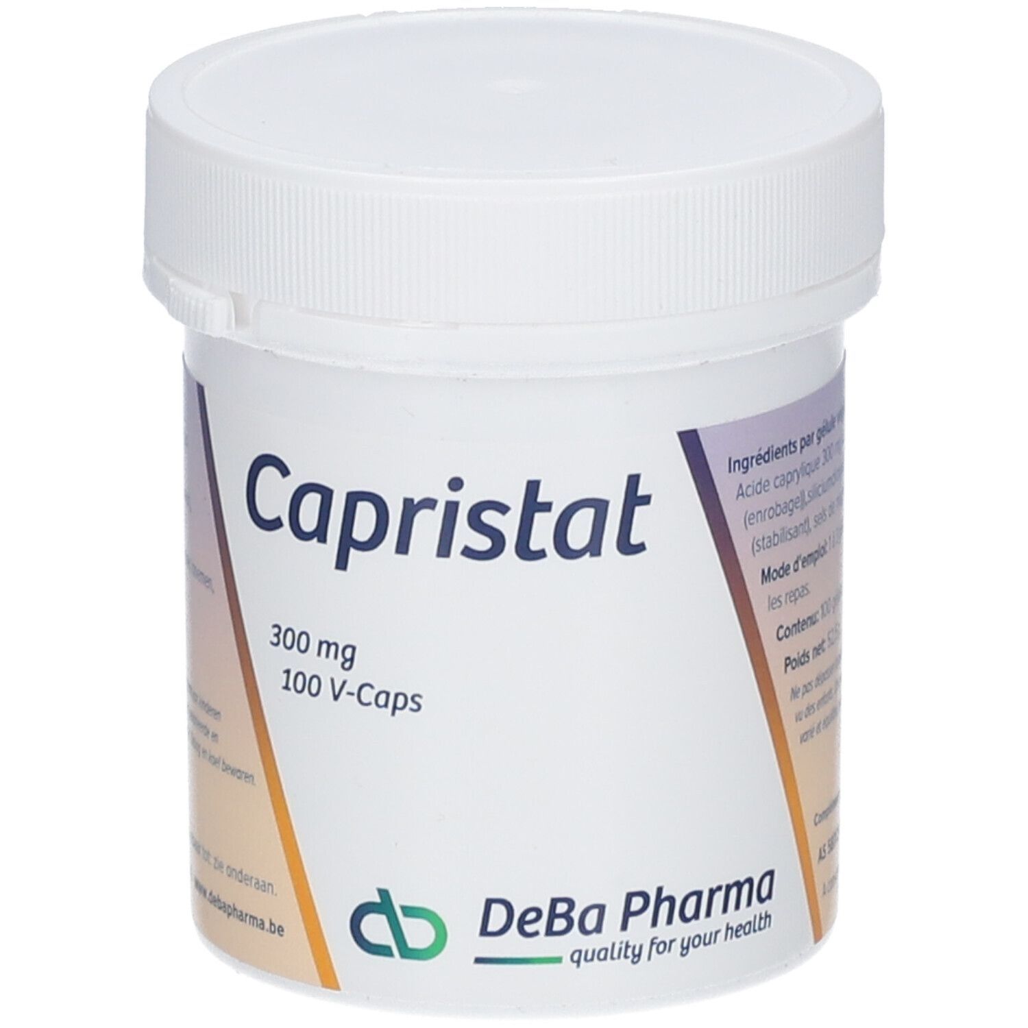 Weiße Dose mit Deckel. Aufschrift Capristat, 300 mg, 100 V-Caps. Logo DeBa Pharma. Text in Französisch. Dose steht.