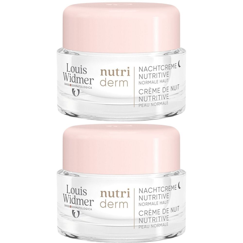 Deux pots de crème de nuit Louis Widmer Nutriderm, couvercles roses, texte sur l'étiquette.