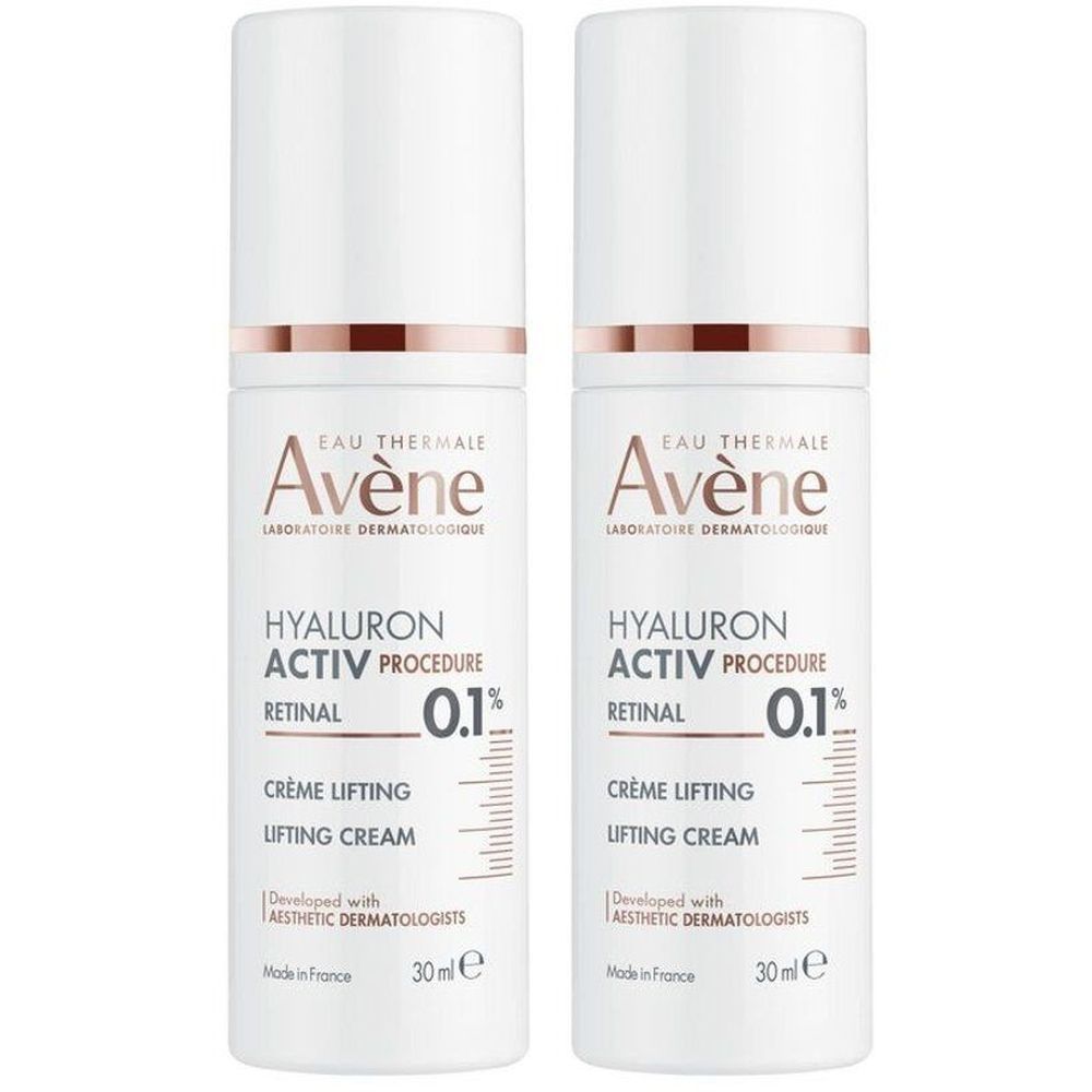 Deux flacons Avène Hyaluron Activ Procedure Retinal 0,1% Crème Lifting Anti-Âge. Flacons blancs, texte, échelle.