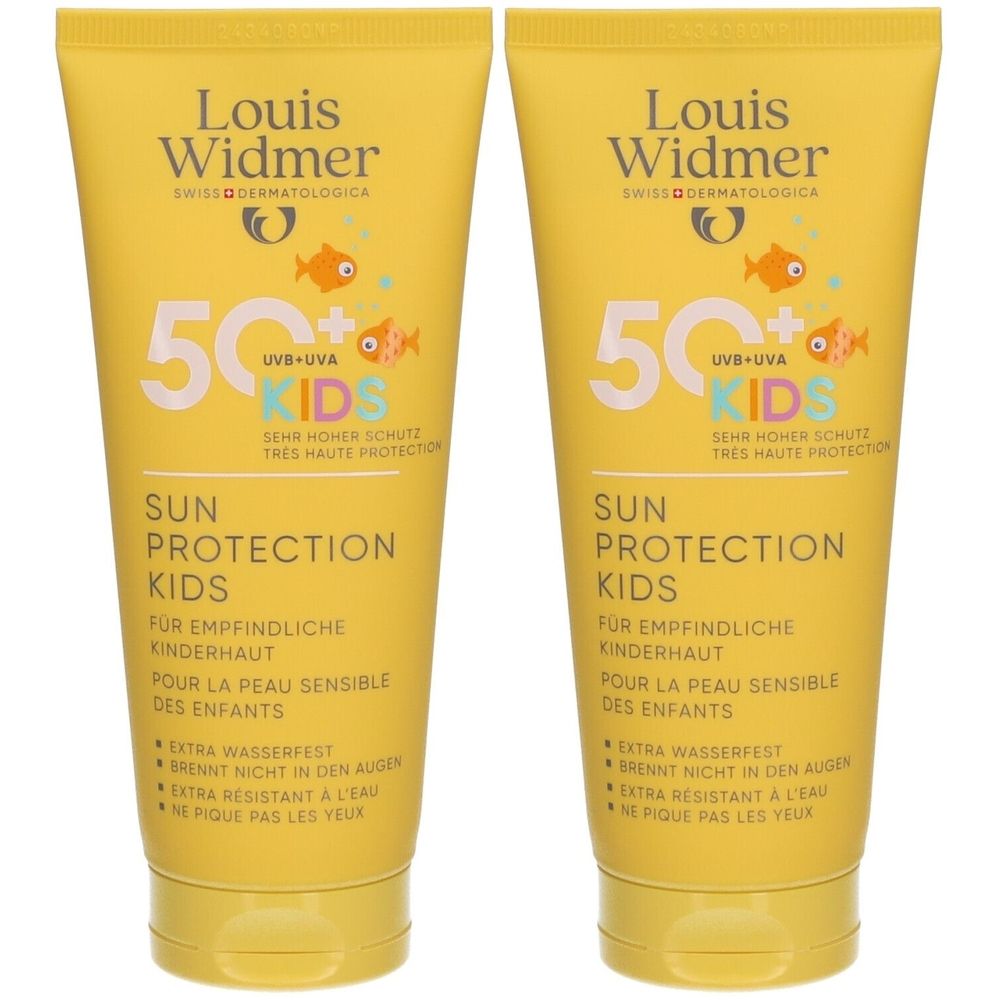 Zwei gelbe Tuben Louis Widmer Sun Protection Kids SPF50+. Aufschrift: Sun Protection Kids, 50+ UVB+UVA, extra wasserfest.