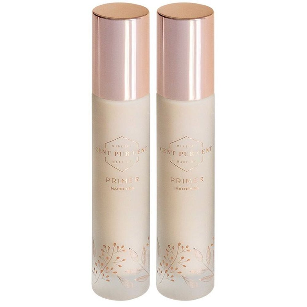 Deux flacons avec bouchons or rose. Inscription: CENT PUR CENT, Primer. Motif floral en bas.