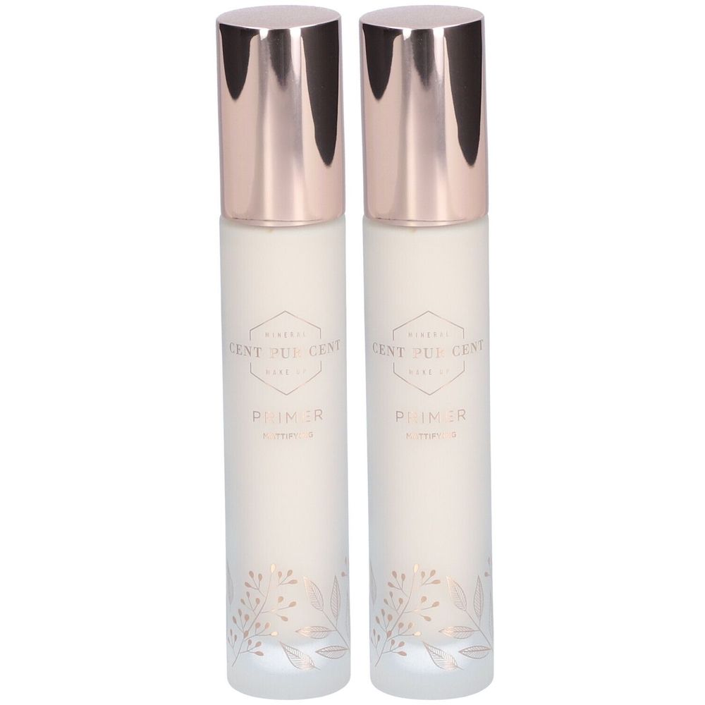 Zwei Flakons mit roségoldfarbenen Deckeln. Aufschrift: CENT PUR CENT, Primer. Florales Muster am unteren Rand.